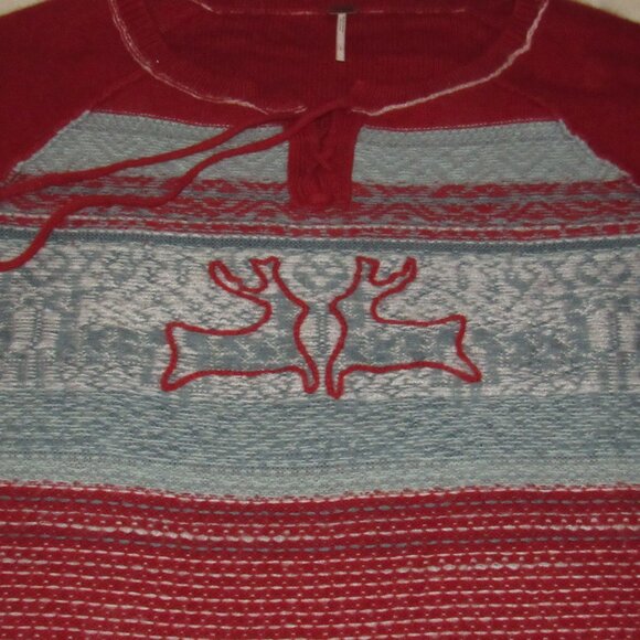 FREE PEOPLE-OVERSIZED WINTER HOLIDAY SWEATER-ANGORA-DEER-TIE NECK-CHRISTMAS-RUST - Picture 5 of 10